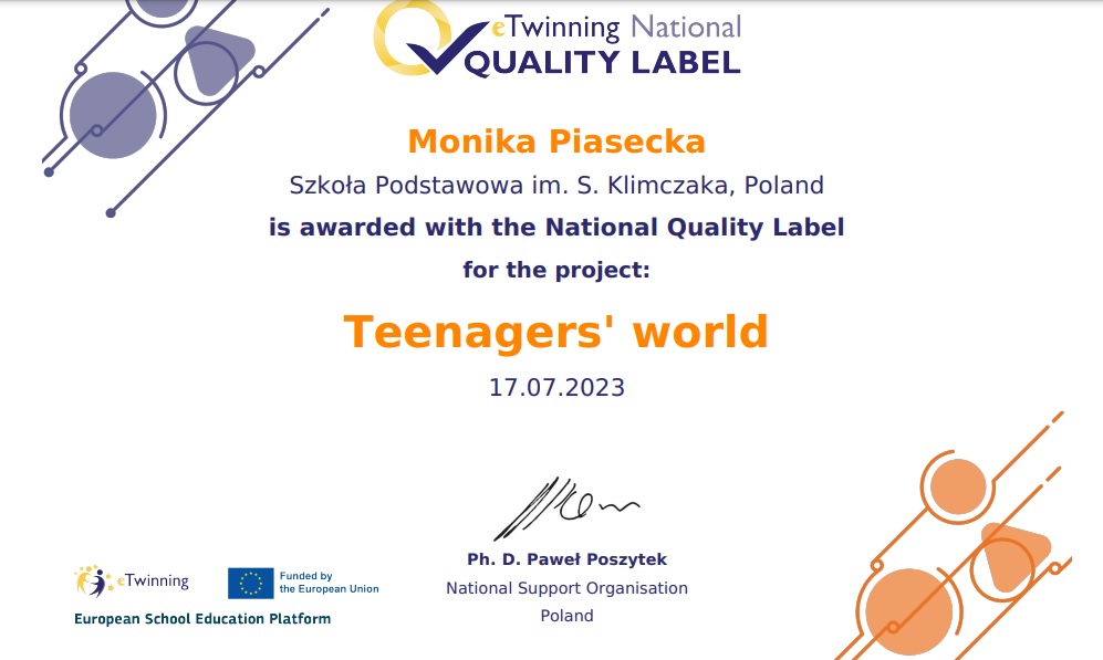 Krajowa Odznaka Jakości dla projektu eTwinning pn. „Teenagers’ world”