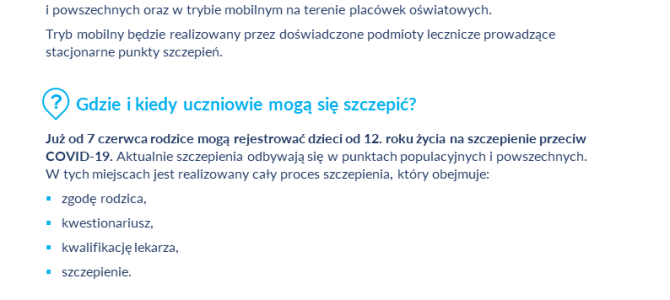 Szczepienia uczniów w wieku 12 – 18 lat
